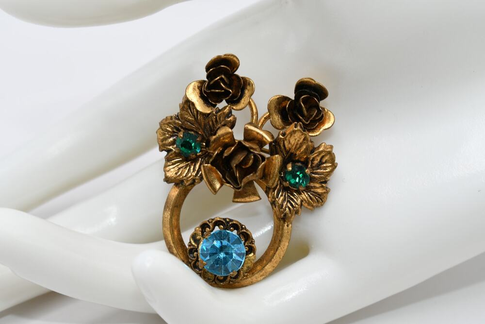 Vintage Austria Brooch Gold Tone Green Blue Austrian Crystals Floral